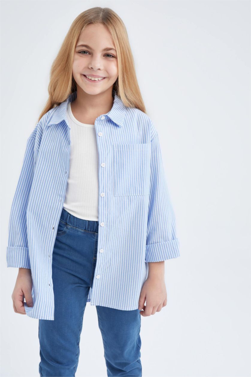 Kız Çocuk - Genç Kız Mavi Kız Çocuk Oversize Poplin Uzun Kollu Gömlek