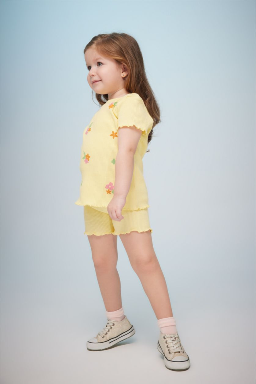 BÉBÉ FILLE Jaune Ensemble 2 Pièces En Tricot Fleuri À Col Ras Du Cou Coupe Classique