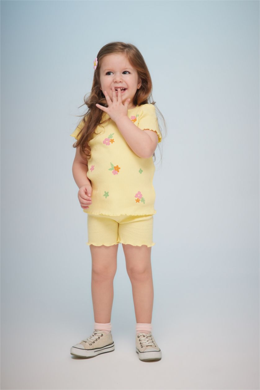 BÉBÉ FILLE Jaune Ensemble 2 Pièces En Tricot Fleuri À Col Ras Du Cou Coupe Classique