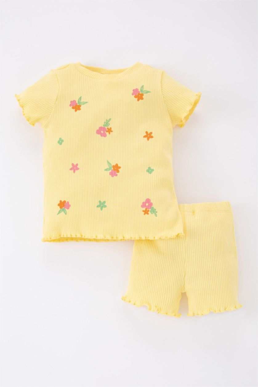 BÉBÉ FILLE Jaune Ensemble 2 Pièces En Tricot Fleuri À Col Ras Du Cou Coupe Classique