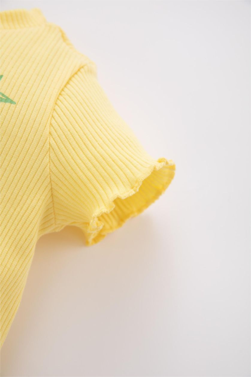 BÉBÉ FILLE Jaune Ensemble 2 Pièces En Tricot Fleuri À Col Ras Du Cou Coupe Classique