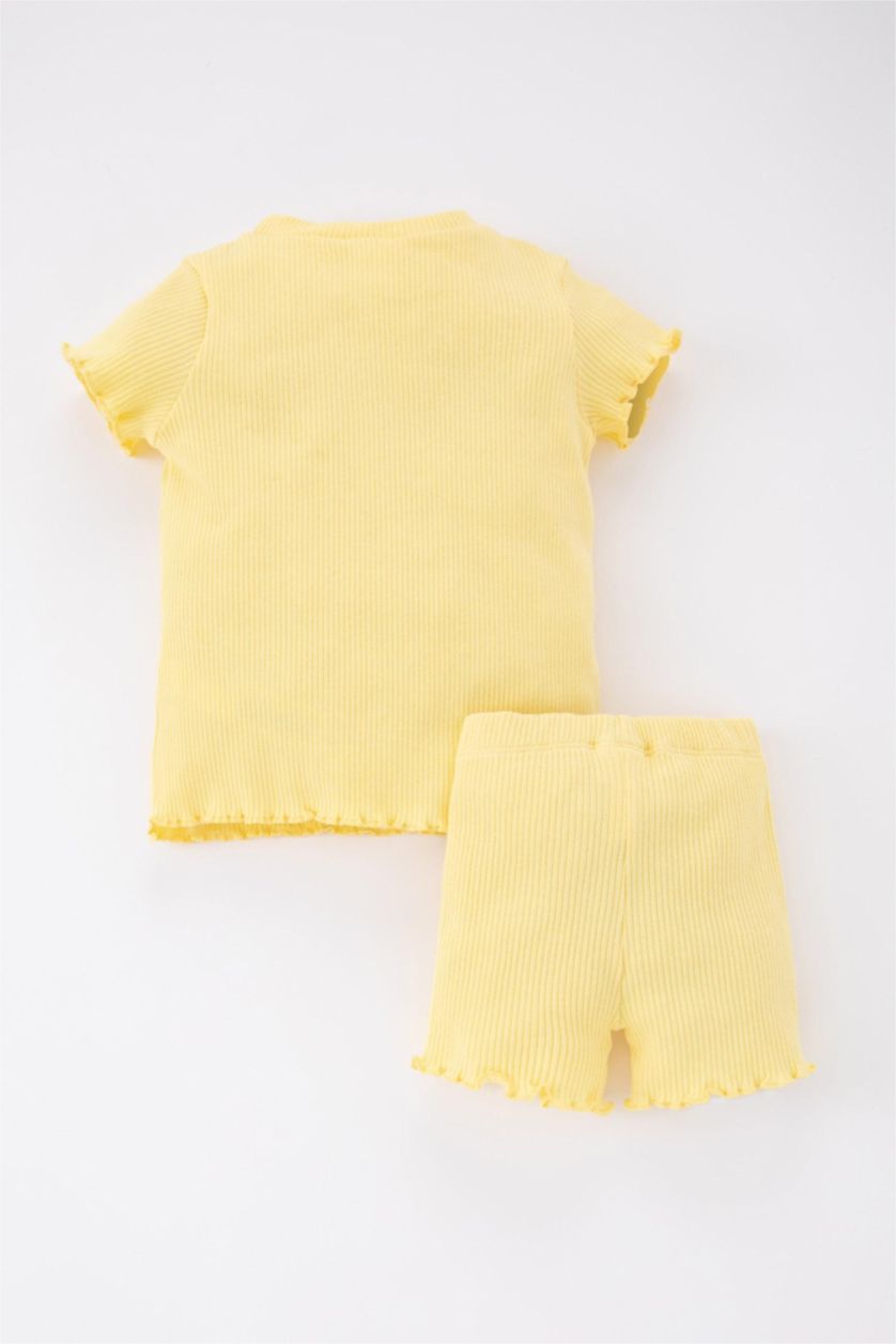 BÉBÉ FILLE Jaune Ensemble 2 Pièces En Tricot Fleuri À Col Ras Du Cou Coupe Classique