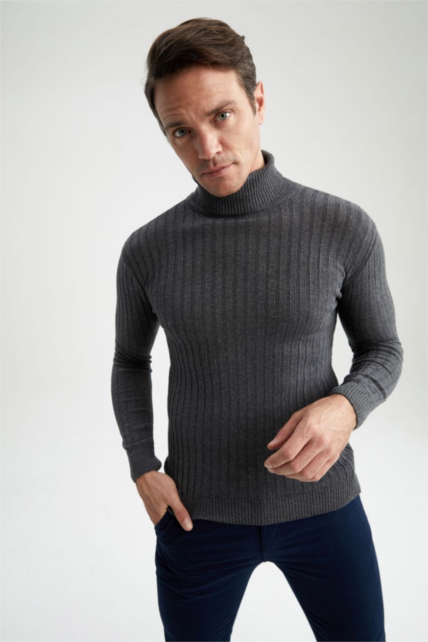 Erkek Antrasit Regular Fit Balıkçı Yaka Triko Kazak