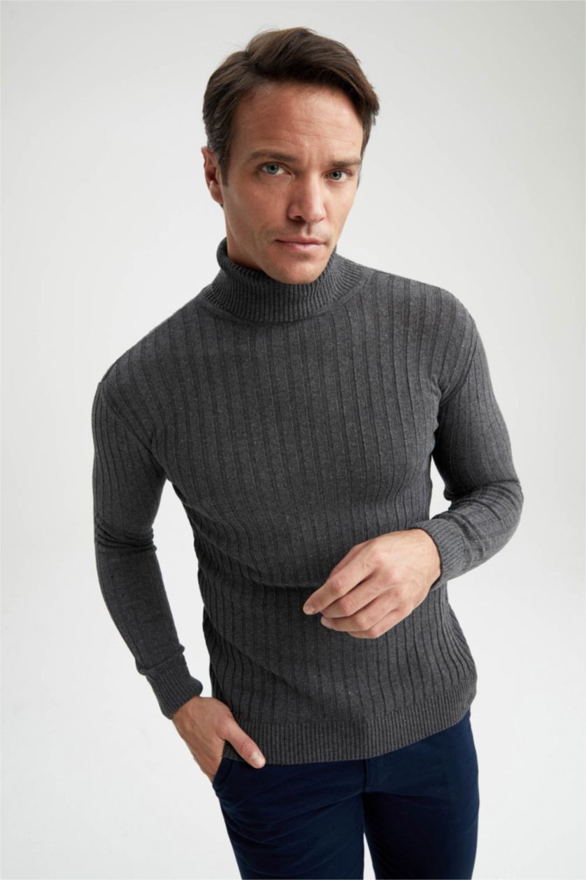 Erkek Antrasit Regular Fit Balıkçı Yaka Triko Kazak