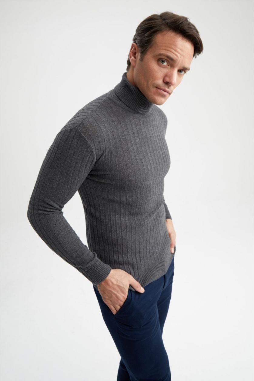 Erkek Antrasit Regular Fit Balıkçı Yaka Triko Kazak