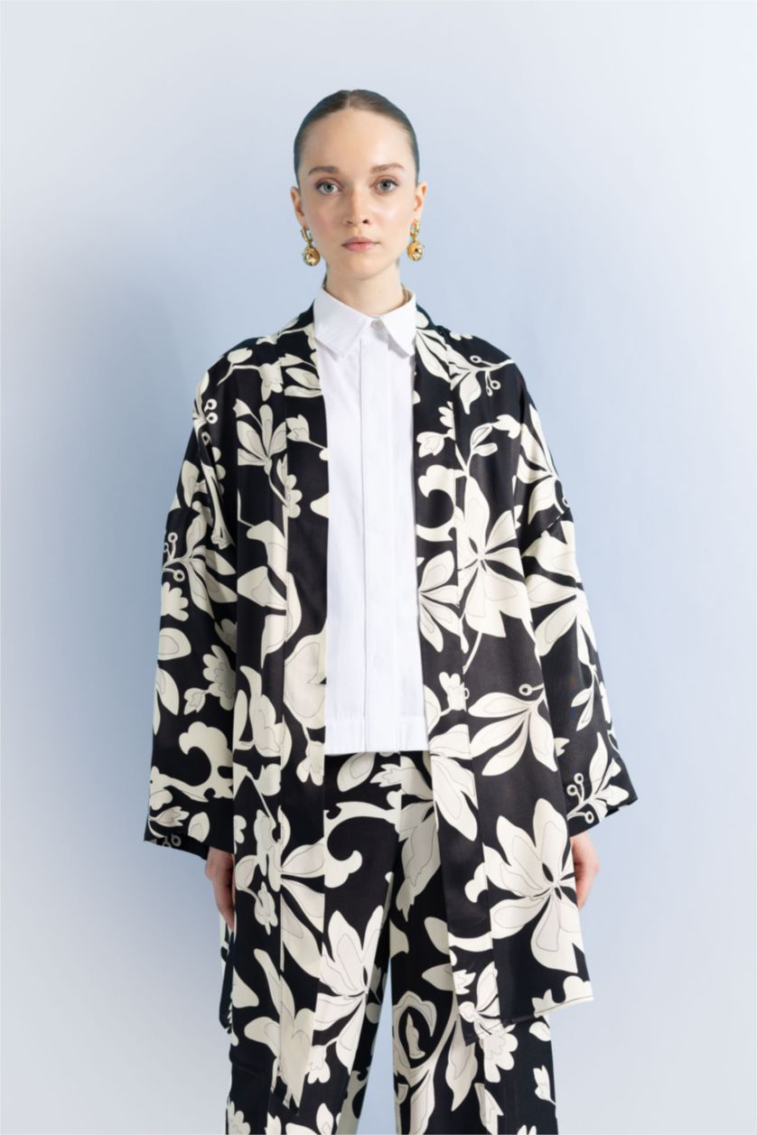 FEMME Noir Tunique À Manches Longues Satinette Coupe décontractée Imprimé