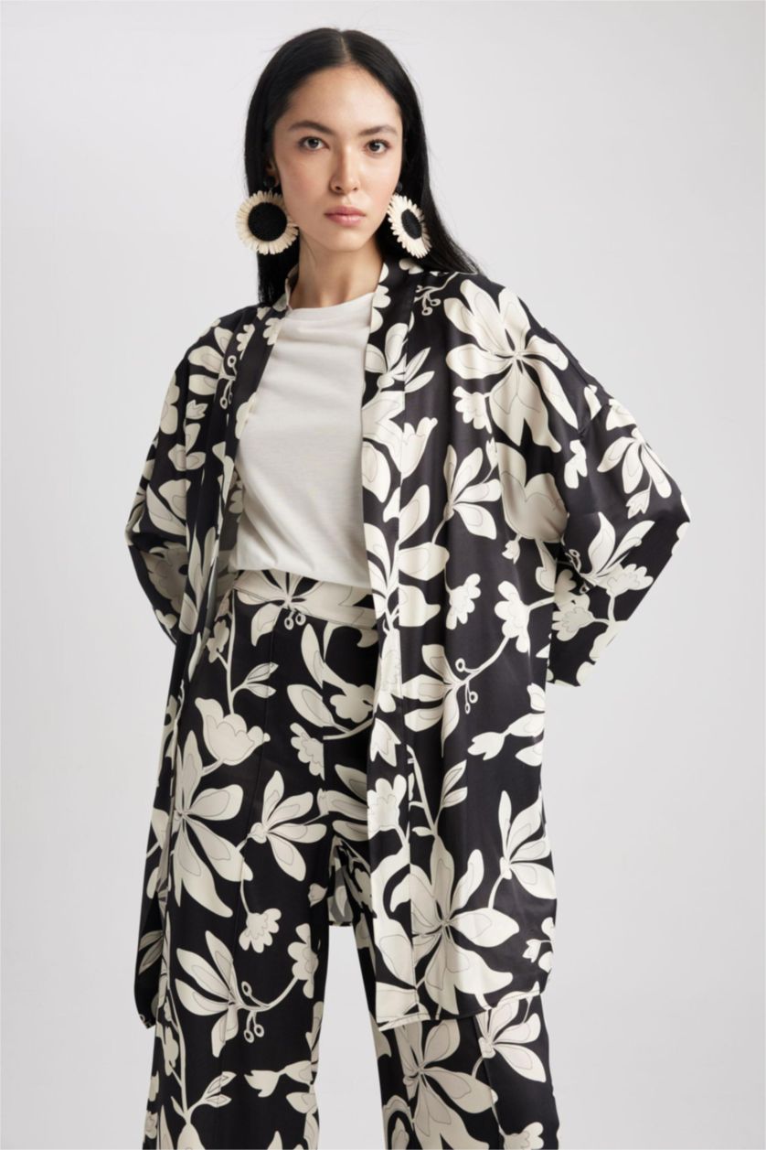 FEMME Noir Tunique À Manches Longues Satinette Coupe décontractée Imprimé