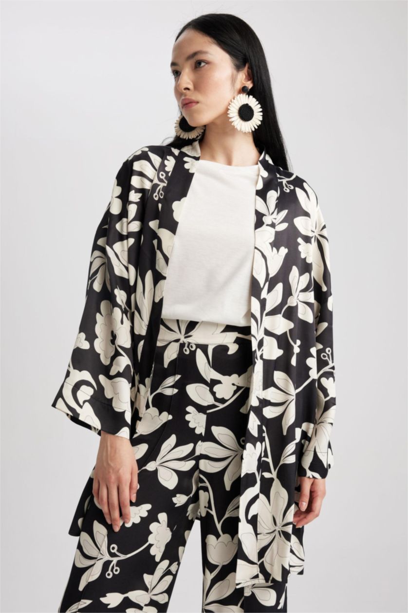 FEMME Noir Tunique À Manches Longues Satinette Coupe décontractée Imprimé