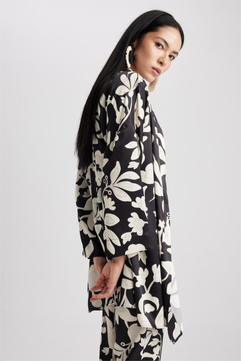 FEMME Noir Tunique À Manches Longues Satinette Coupe décontractée Imprimé