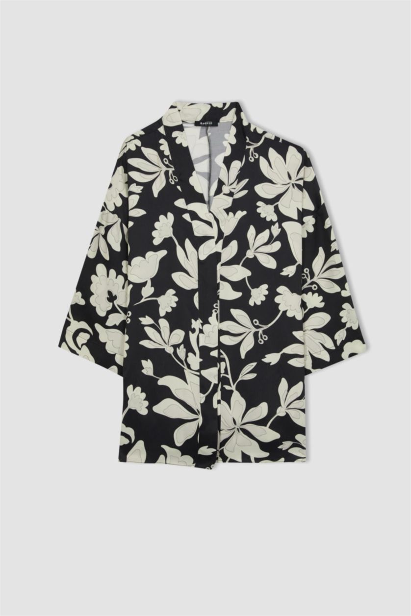 FEMME Noir Tunique À Manches Longues Satinette Coupe décontractée Imprimé