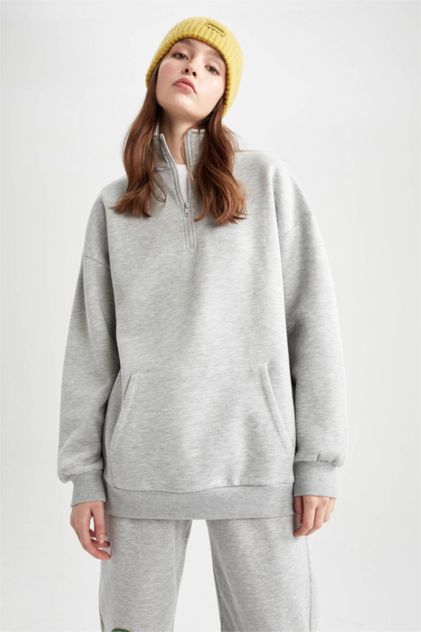 FEMME Gris Sweat-shirt Oversize à demi col roulé zippé et manches longues