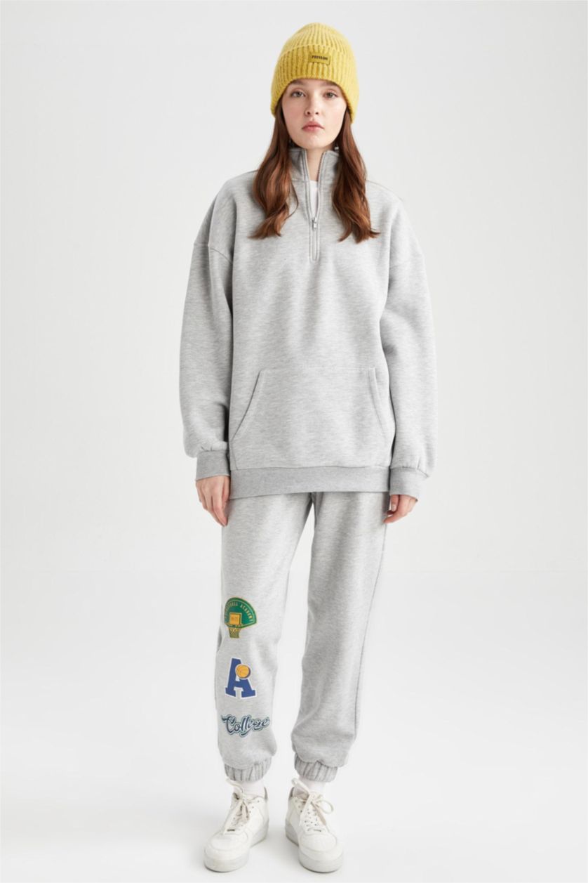 FEMME Gris Sweat-shirt Oversize à demi col roulé zippé et manches longues