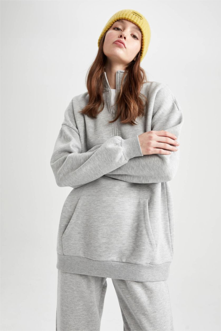 FEMME Gris Sweat-shirt Oversize à demi col roulé zippé et manches longues