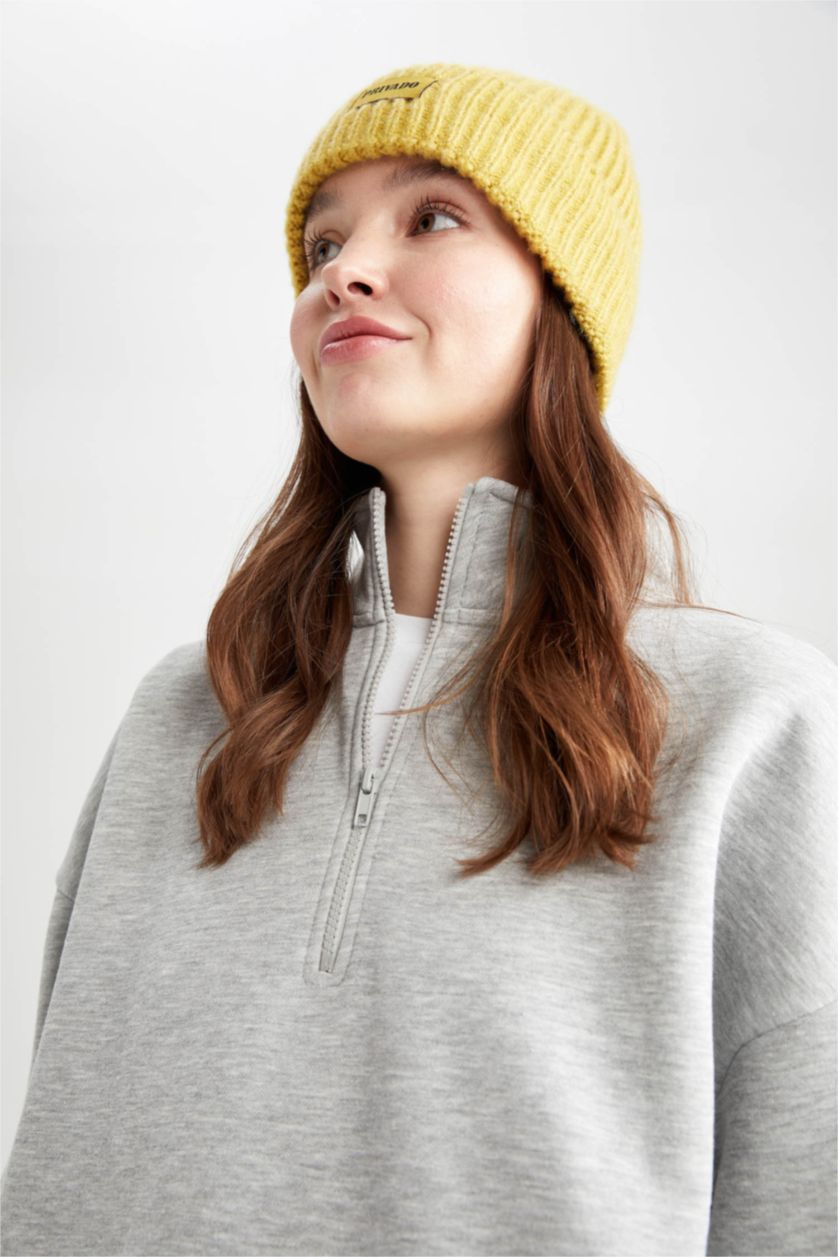 FEMME Gris Sweat-shirt Oversize à demi col roulé zippé et manches longues