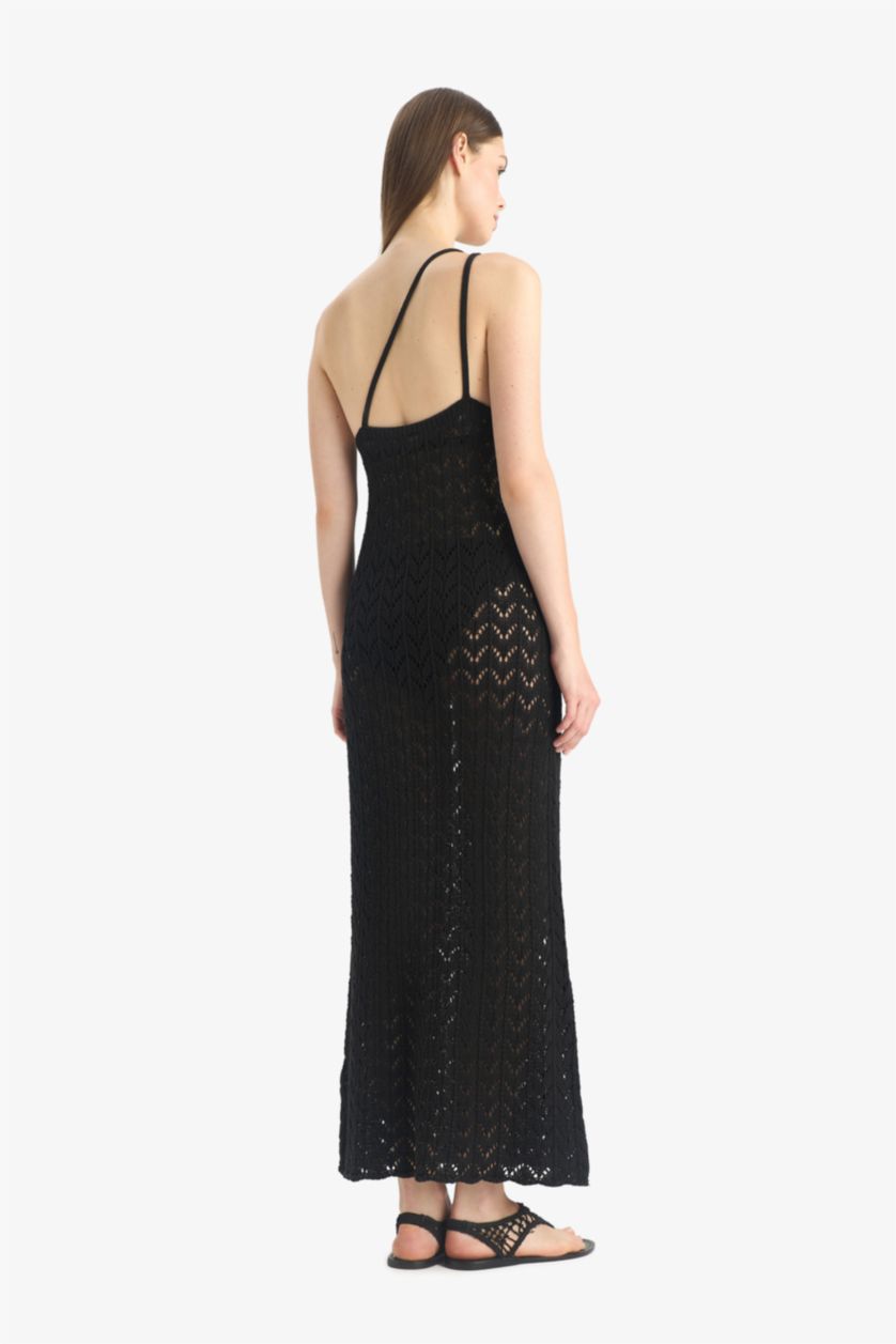 Kadın Siyah Regular Fit Tek Omuzlu Siyah Triko Plaj Elbisesi