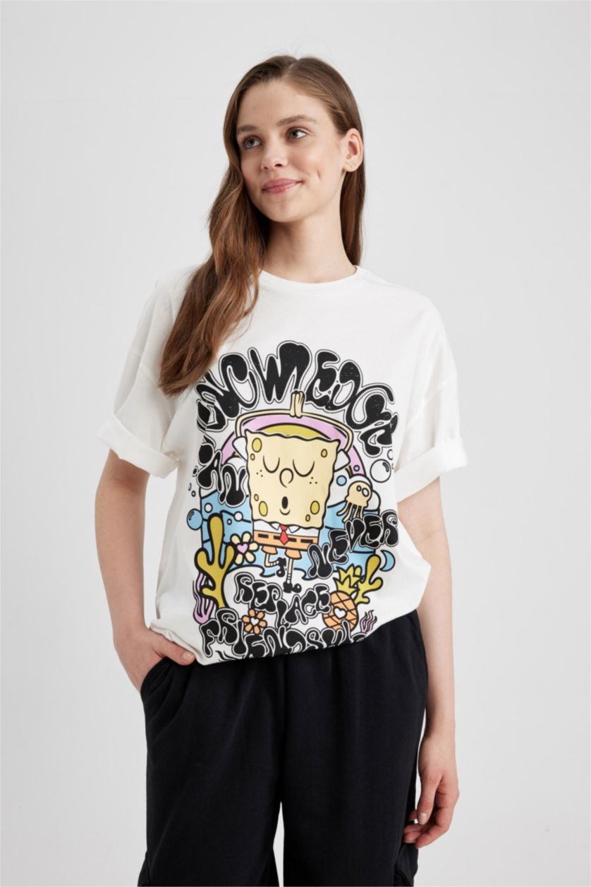 WOMAN White Coool SpongeBob Licensed Oversize Fit Printed Short Sleeve T-Shirt