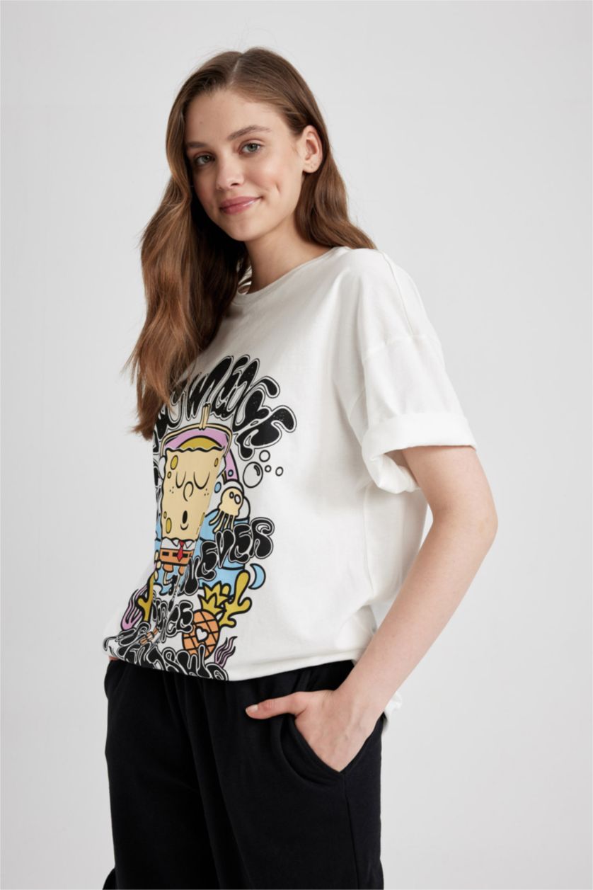 WOMAN White Coool SpongeBob Licensed Oversize Fit Printed Short Sleeve T-Shirt
