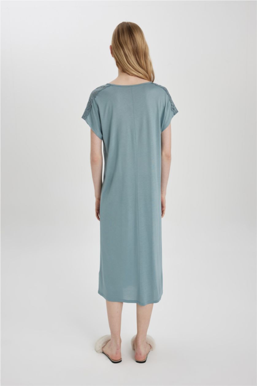 Kadın Mat Mavi Fall in Love Regular Fit V Yaka Kısa Kollu Viskon Gecelik