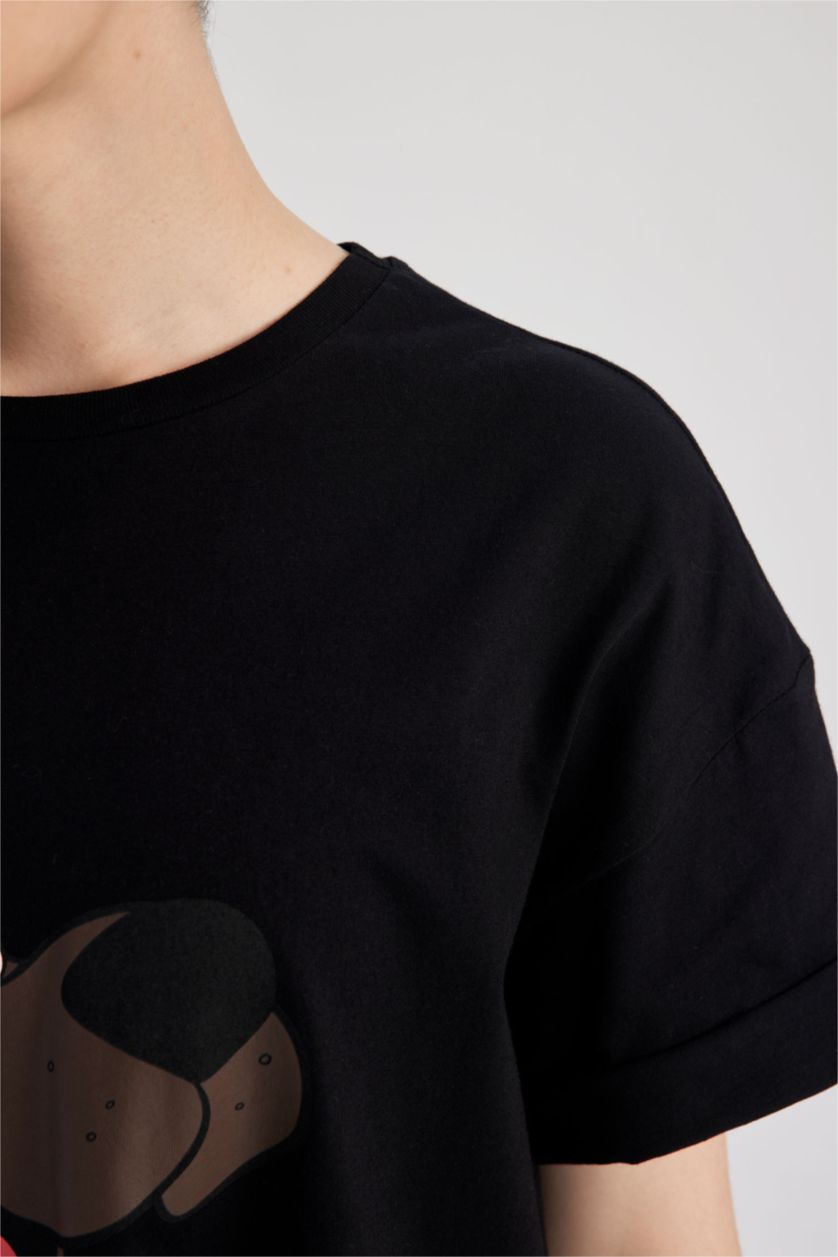 حريمي أسود تي شيرت بأكمام قصيرة مطبوع وقصة واسعة من سكوبي دو