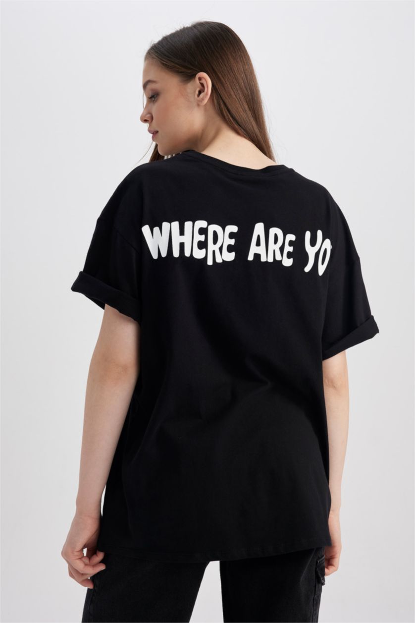 حريمي أسود تي شيرت بأكمام قصيرة مطبوع وقصة واسعة من سكوبي دو