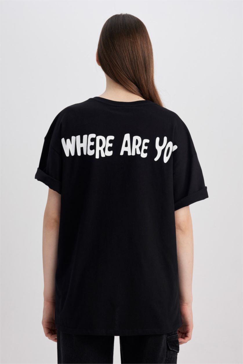 حريمي أسود تي شيرت بأكمام قصيرة مطبوع وقصة واسعة من سكوبي دو