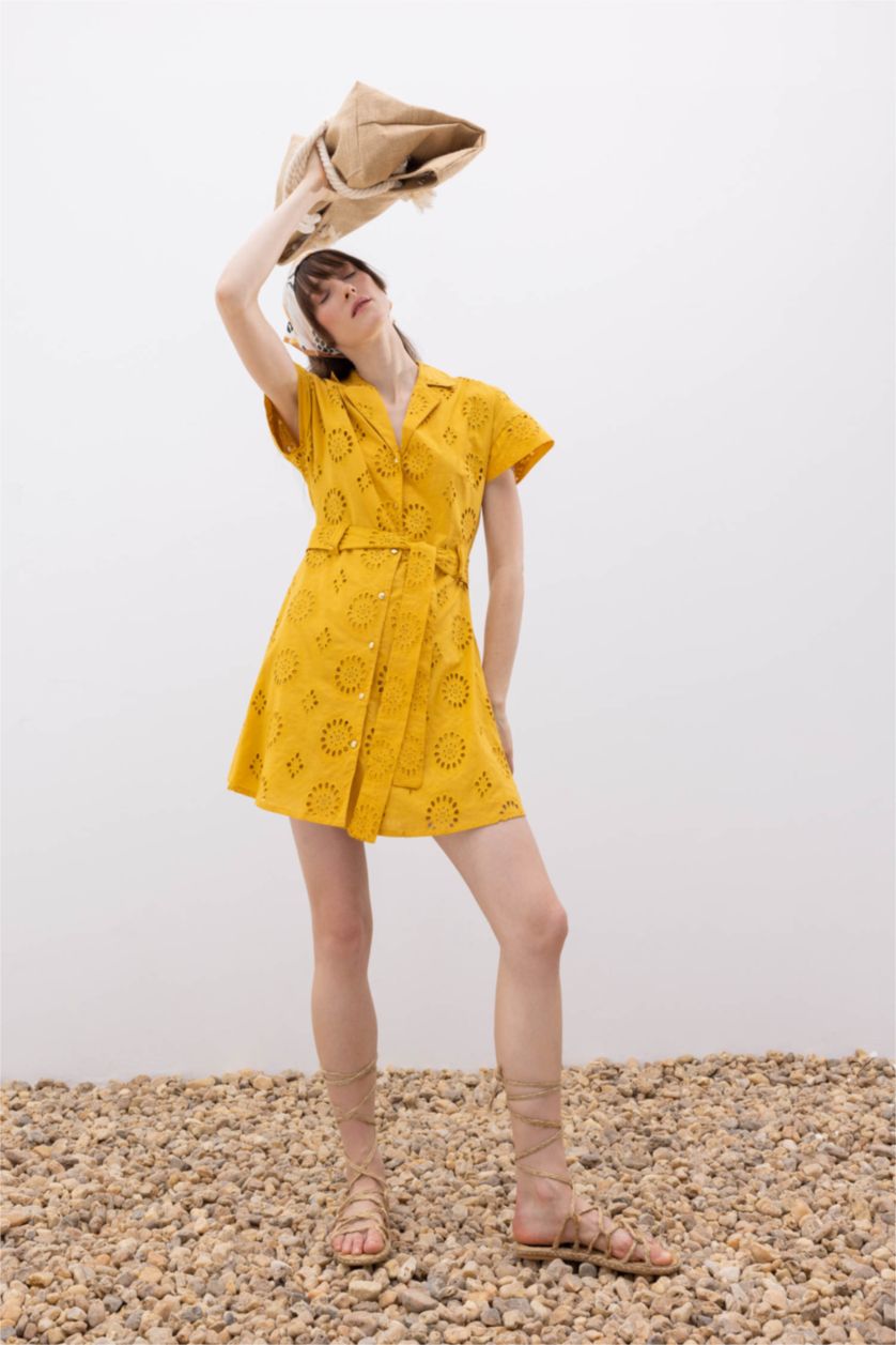 حريمي أصفر غامق فستان قصير بياقة جاكيت