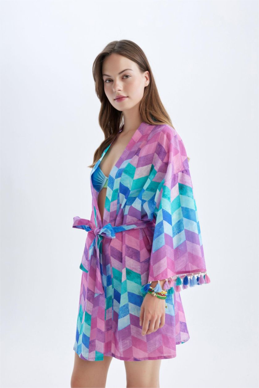 Kadın Mor Regular Fit Desenli Pamuklu Kimono-Fall in Love
