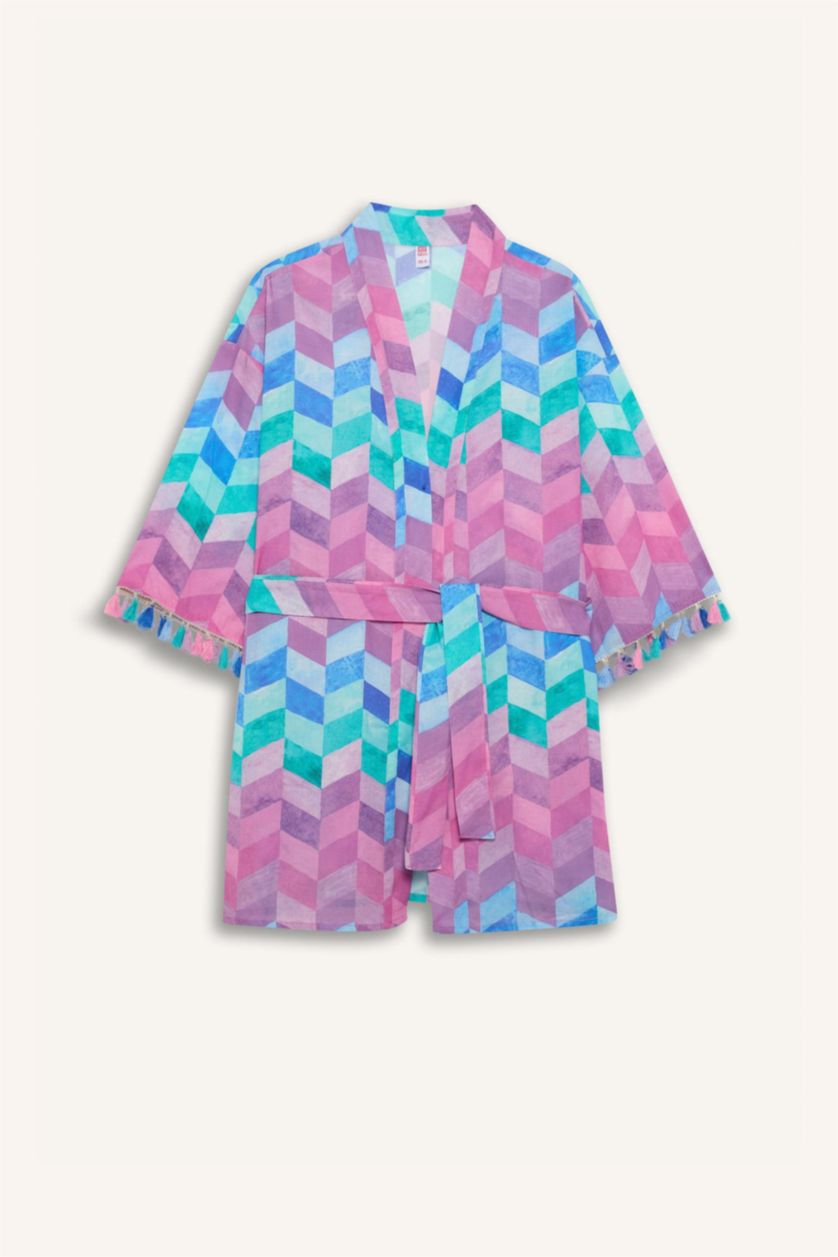 Kadın Mor Regular Fit Desenli Pamuklu Kimono-Fall in Love