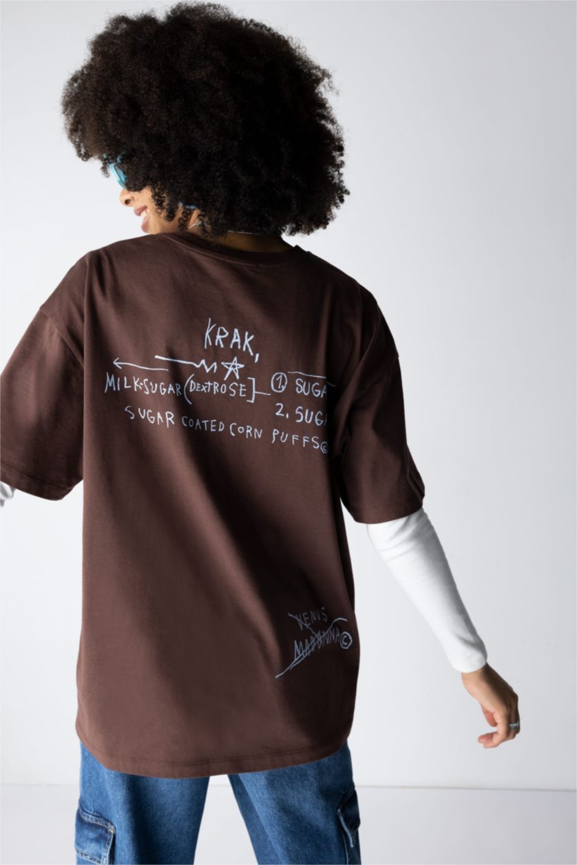 WOMAN Light Brown Jean-Michel Basquiat Back Printed Oversize Fit Crew Neck Short Sleeve T-Shirt