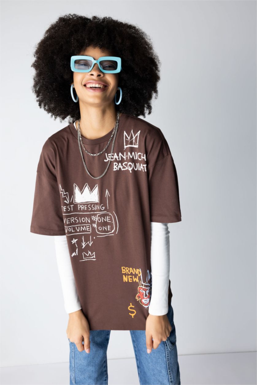 WOMAN Light Brown Jean-Michel Basquiat Back Printed Oversize Fit Crew Neck Short Sleeve T-Shirt