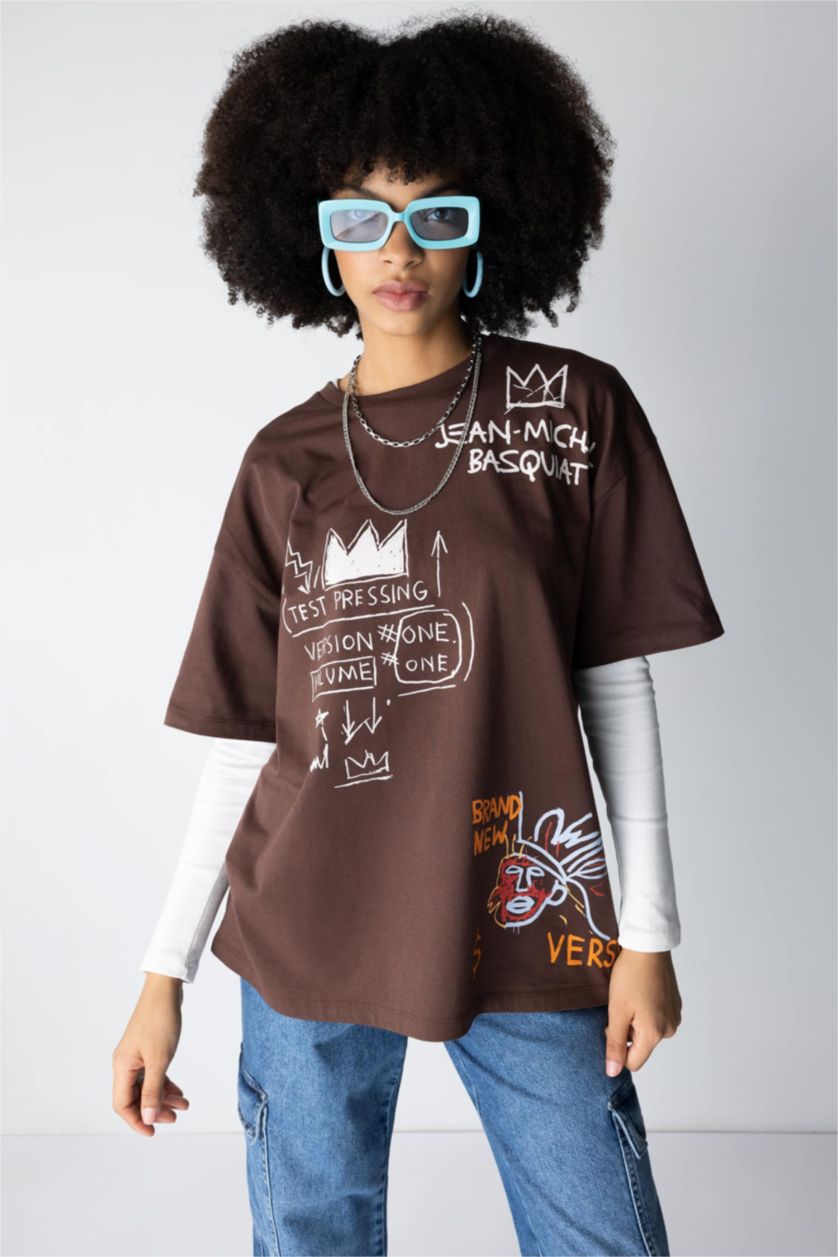 WOMAN Light Brown Jean-Michel Basquiat Back Printed Oversize Fit Crew Neck Short Sleeve T-Shirt