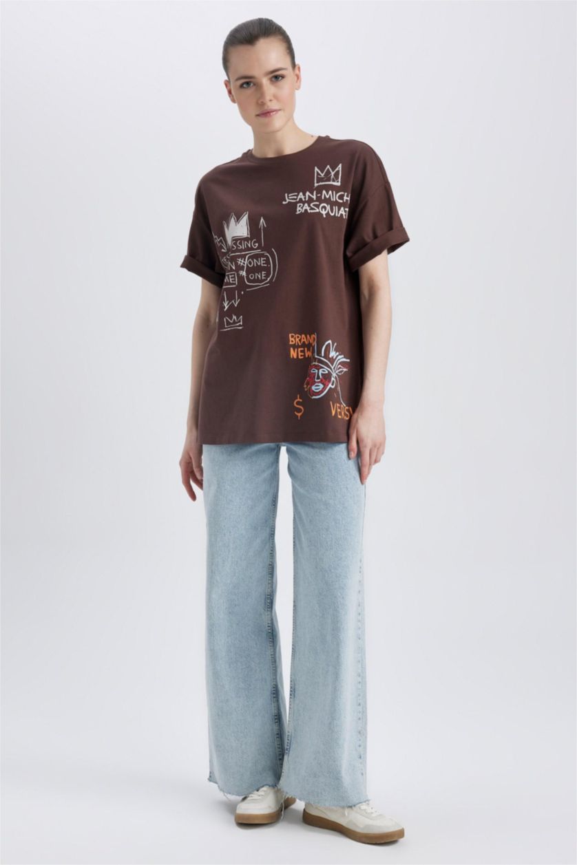 WOMAN Light Brown Jean-Michel Basquiat Back Printed Oversize Fit Crew Neck Short Sleeve T-Shirt