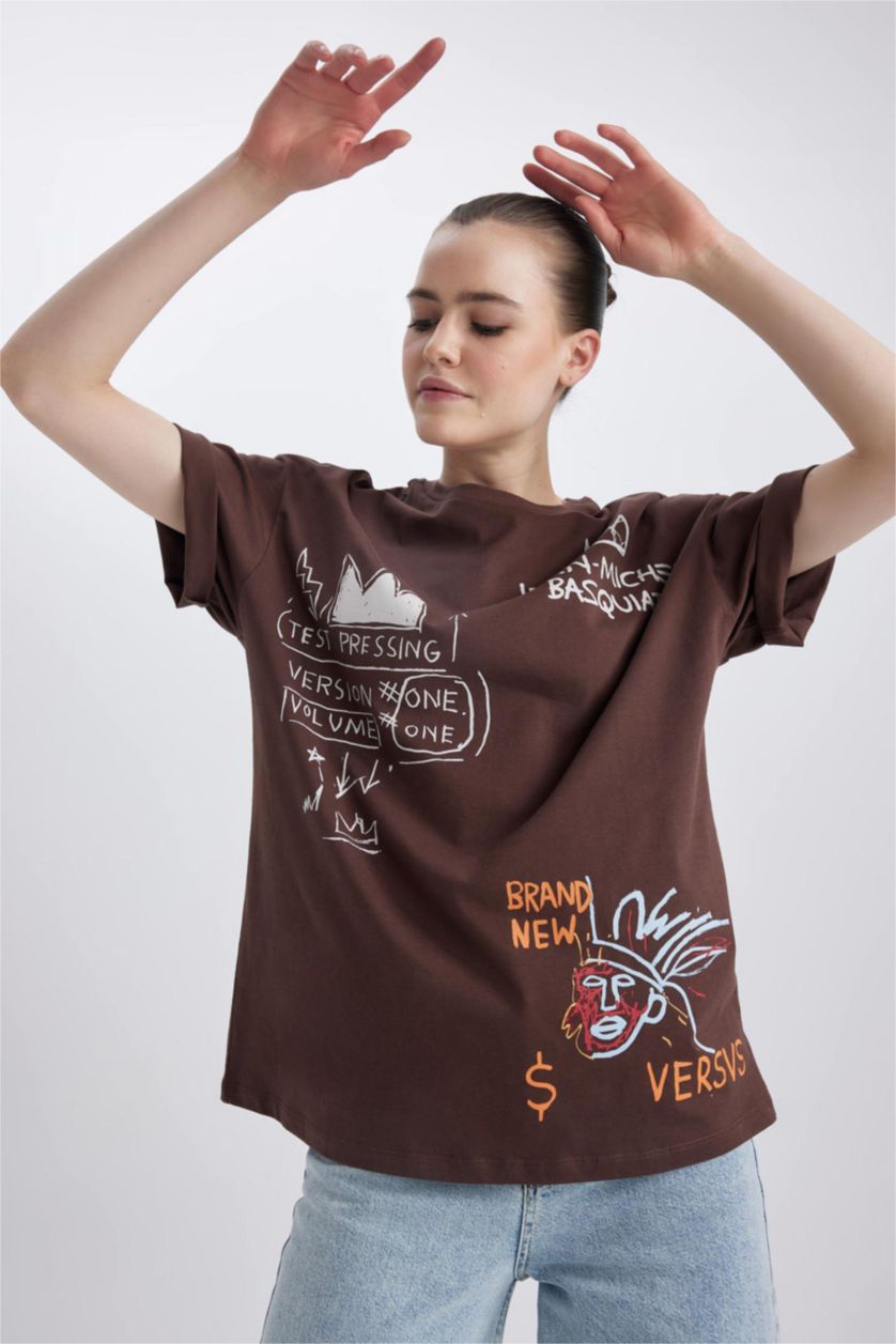 WOMAN Light Brown Jean-Michel Basquiat Back Printed Oversize Fit Crew Neck Short Sleeve T-Shirt