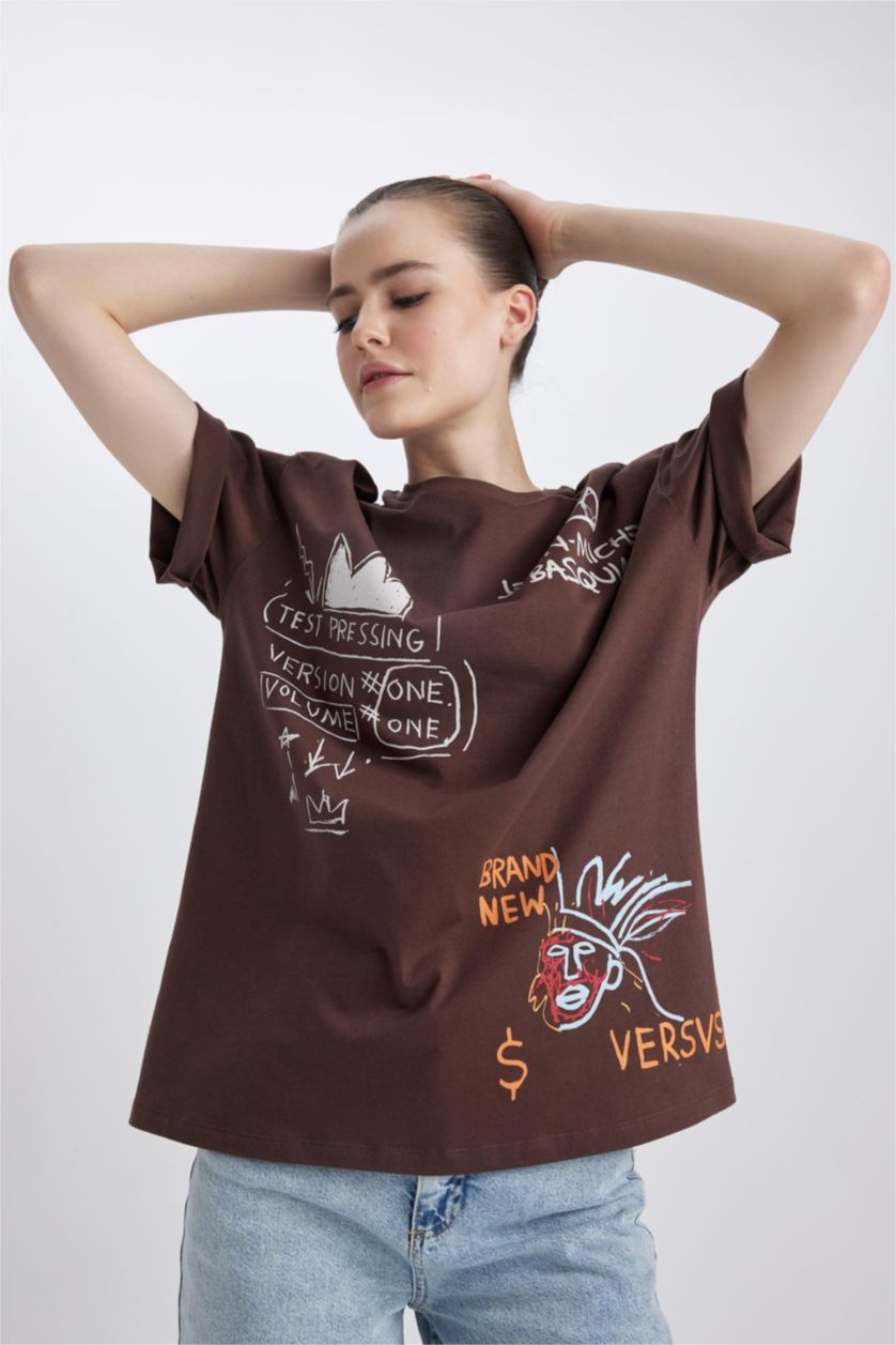 WOMAN Light Brown Jean-Michel Basquiat Back Printed Oversize Fit Crew Neck Short Sleeve T-Shirt