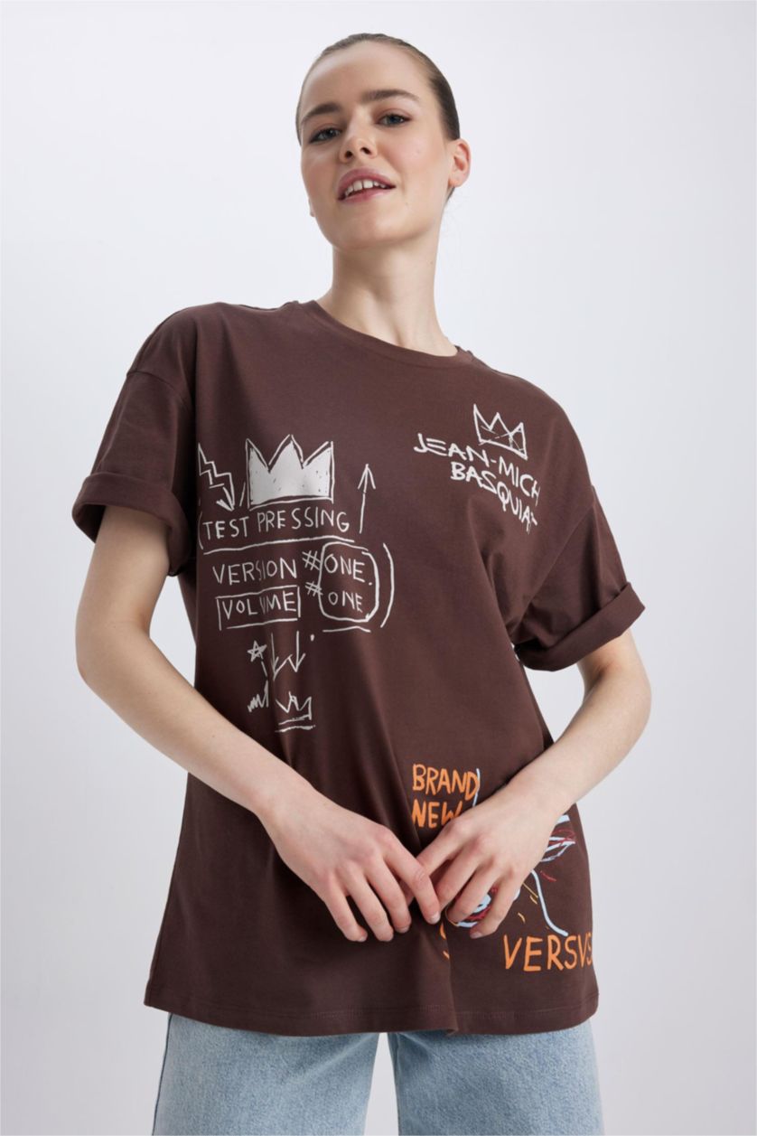 WOMAN Light Brown Jean-Michel Basquiat Back Printed Oversize Fit Crew Neck Short Sleeve T-Shirt