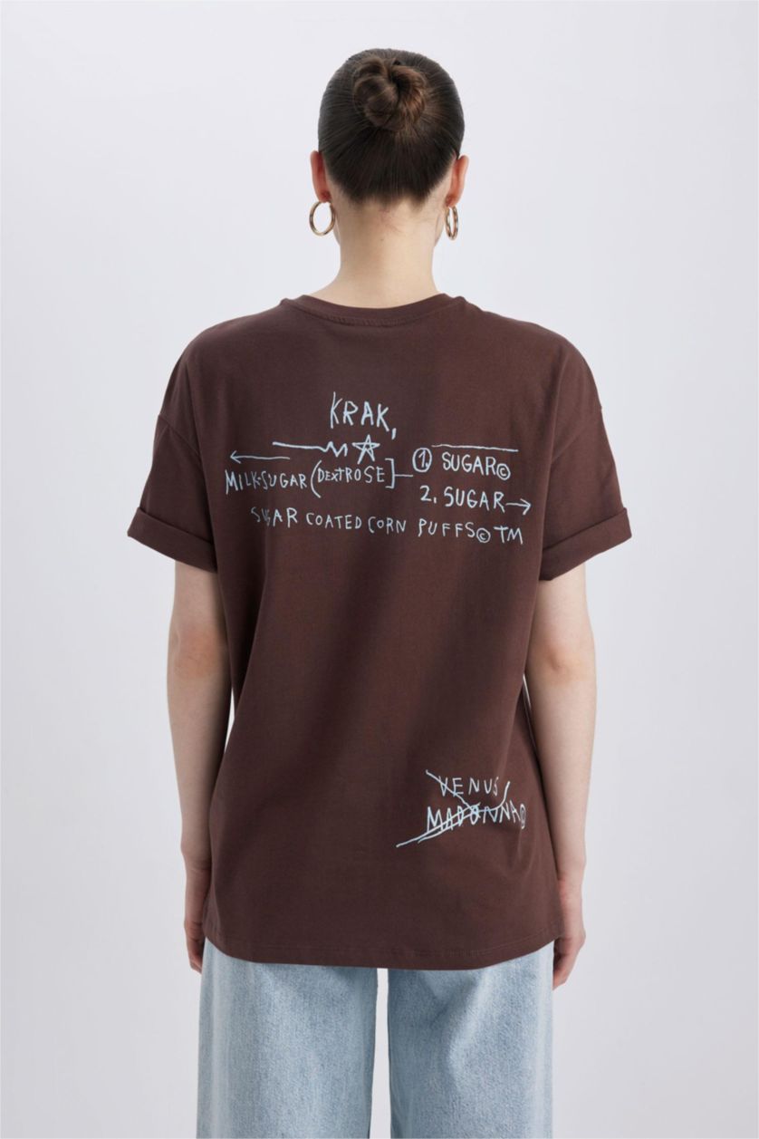 WOMAN Light Brown Jean-Michel Basquiat Back Printed Oversize Fit Crew Neck Short Sleeve T-Shirt