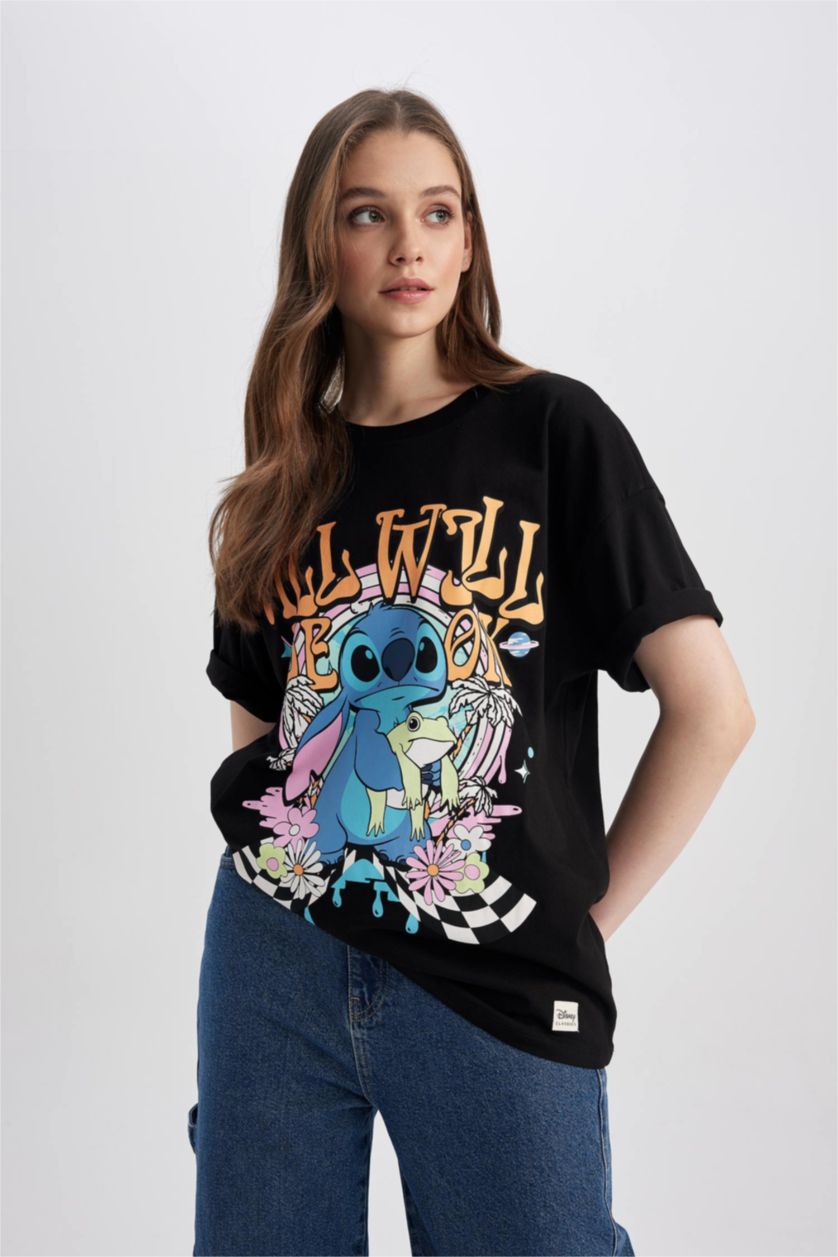 WOMAN Black Coool Disney Lilo & Stitch Oversize Fit Crew Neck Back Printed Short Sleeve T-Shirt