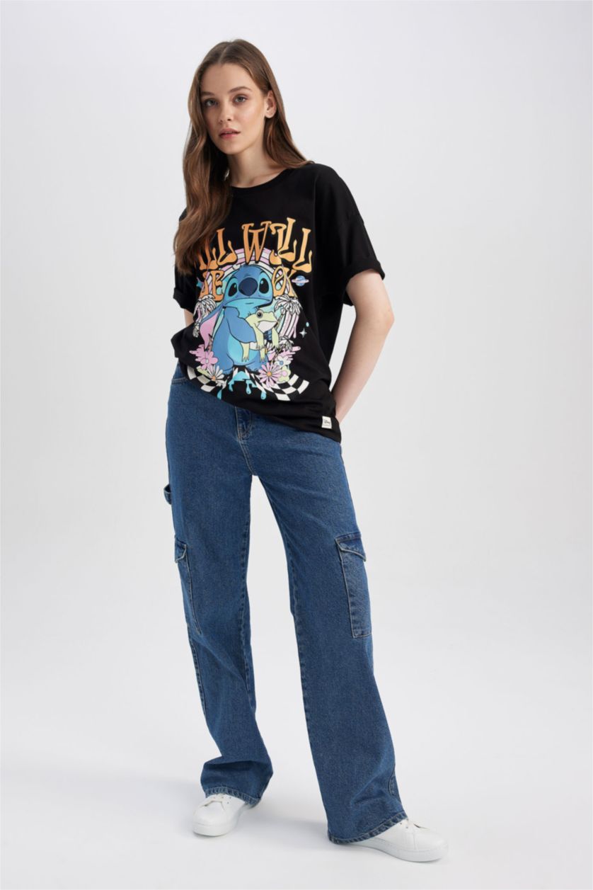 WOMAN Black Coool Disney Lilo & Stitch Oversize Fit Crew Neck Back Printed Short Sleeve T-Shirt