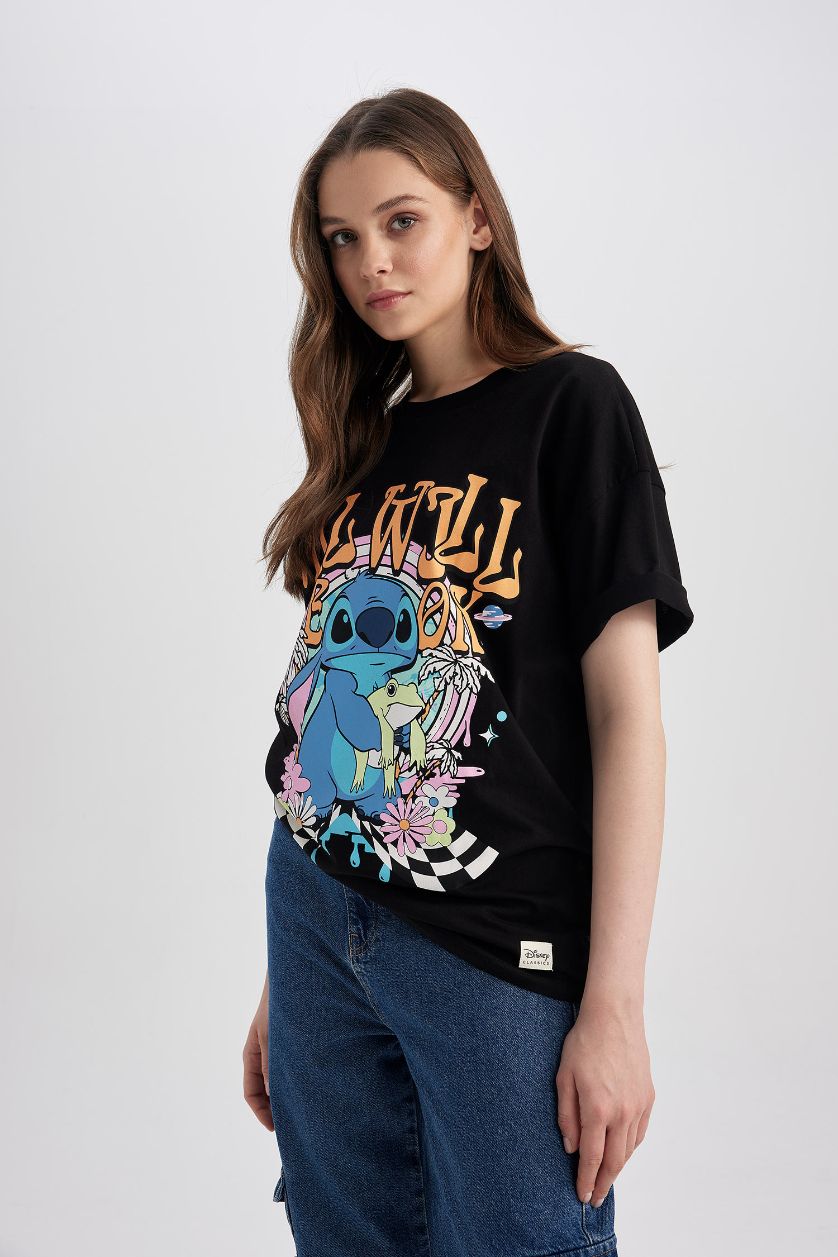 WOMAN Black Coool Disney Lilo & Stitch Oversize Fit Crew Neck Back Printed Short Sleeve T-Shirt