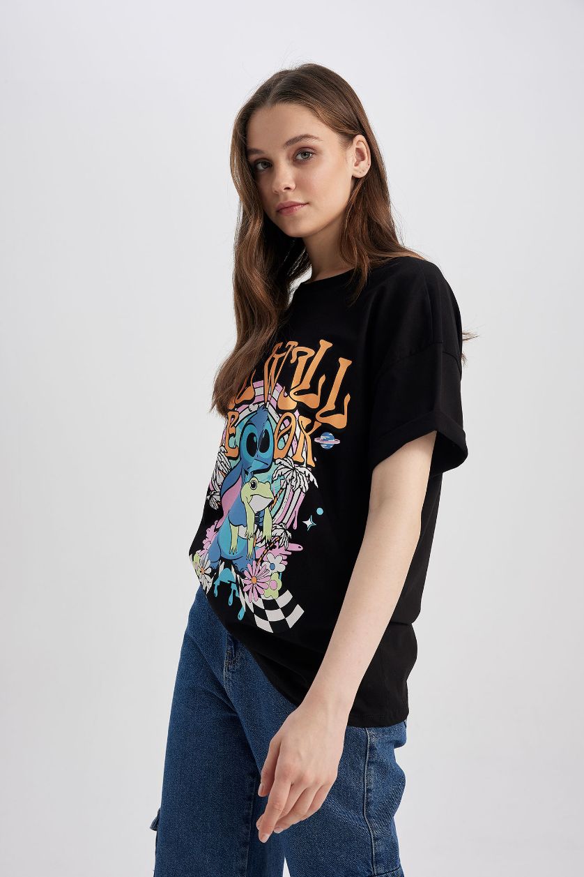 WOMAN Black Coool Disney Lilo & Stitch Oversize Fit Crew Neck Back Printed Short Sleeve T-Shirt