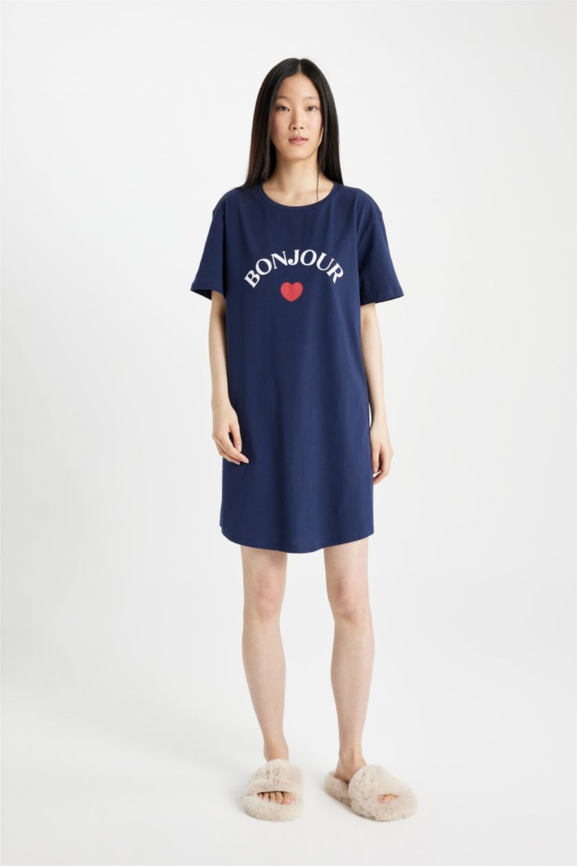 WOMAN NAVY Fall in Love Printed Short Sleeve Nightgown