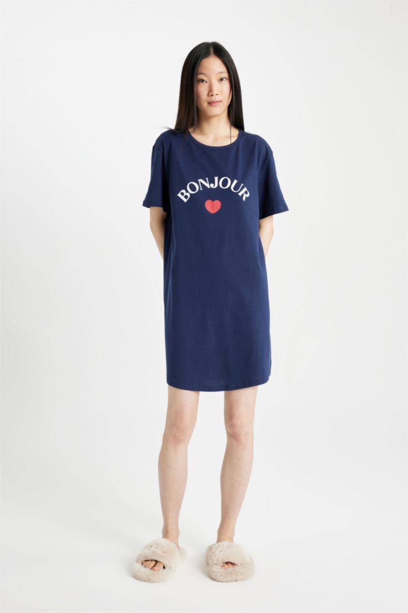 WOMAN NAVY Fall in Love Printed Short Sleeve Nightgown