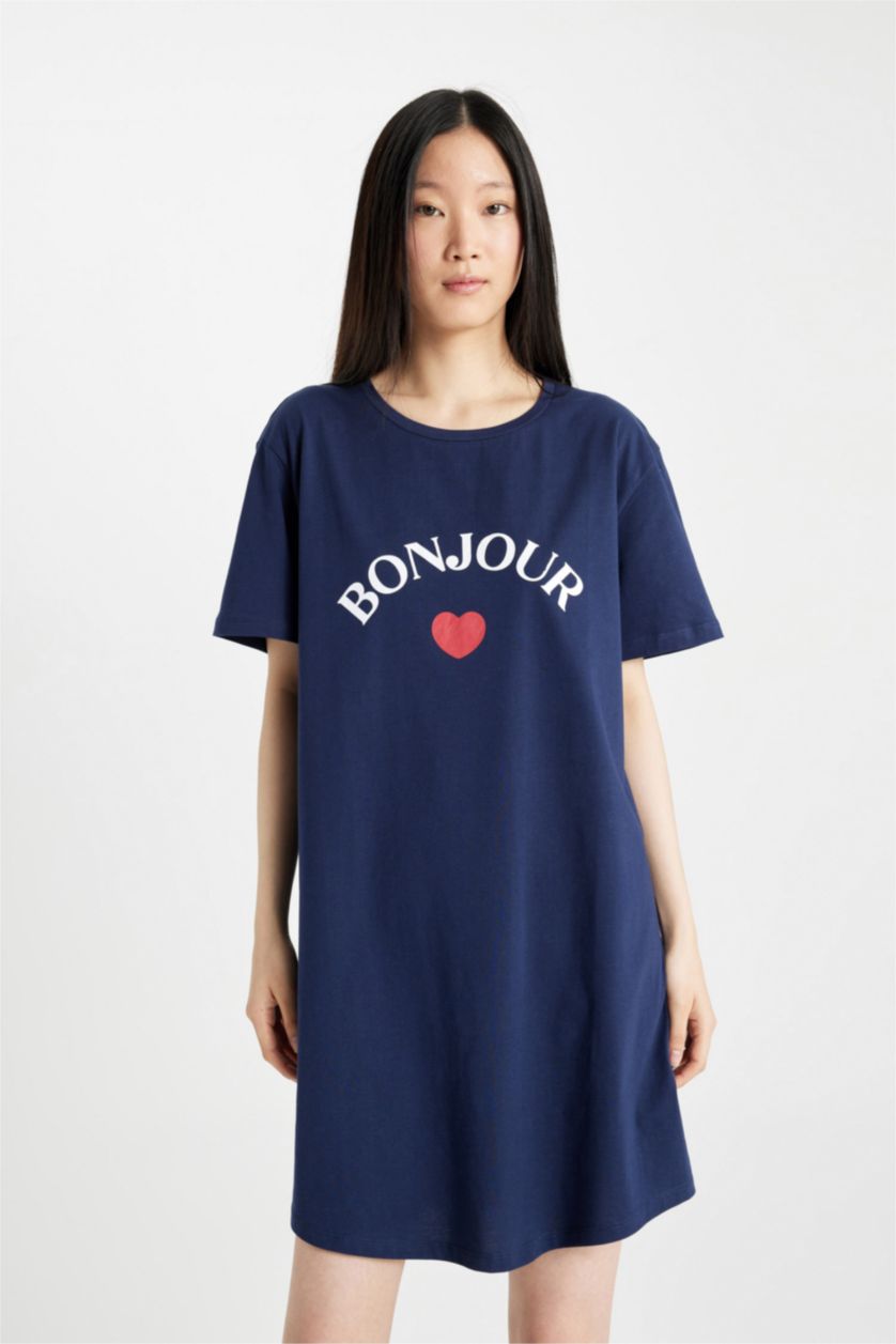 WOMAN NAVY Fall in Love Printed Short Sleeve Nightgown