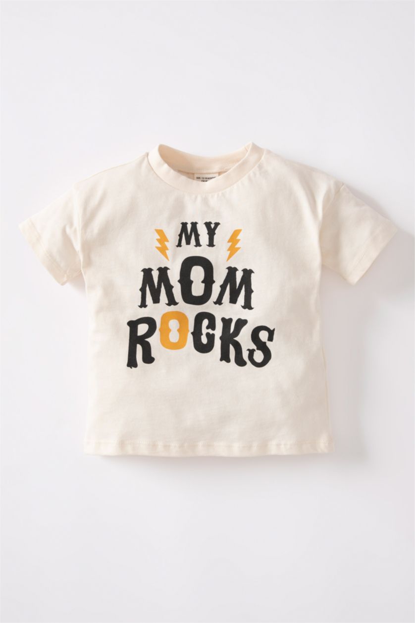 BABY BOY Light Stone Baby Boy Slogan Printed Combed Cotton Short Sleeved T-Shirt