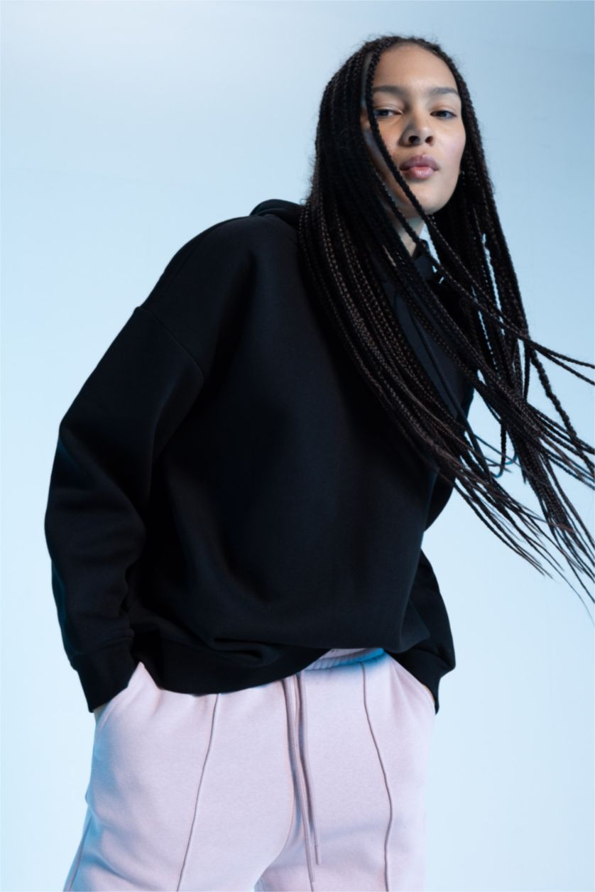 نساء أسود سويت شيرت اوفر سايز بغطاء للرأس