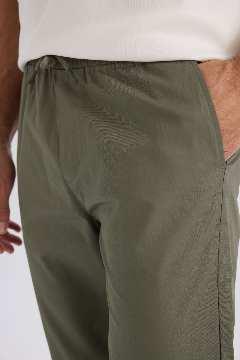 Erkek Açık Haki %100 Pamuk Yazlık Jogger Chino Pantolon Beli Bağcıklı Cepli Düz Paça