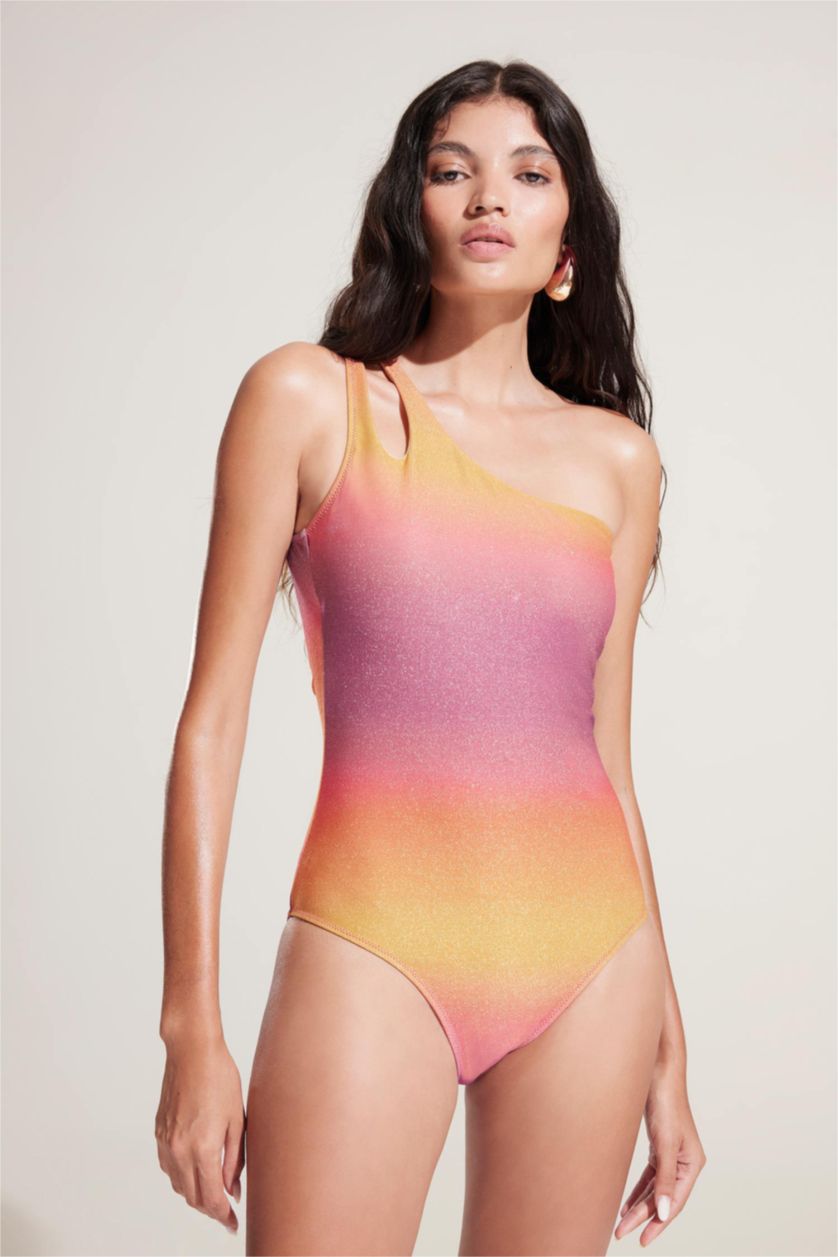 Kadın Mor Regular Fit Parlak Kumaş Tek Omuzlu Mayo-Fall in Love