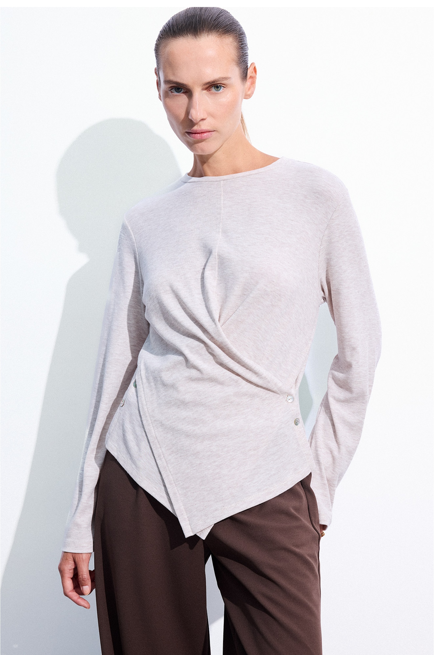 Regular Fit Ribbed Long Sleeve Asymmetric T-Shirt