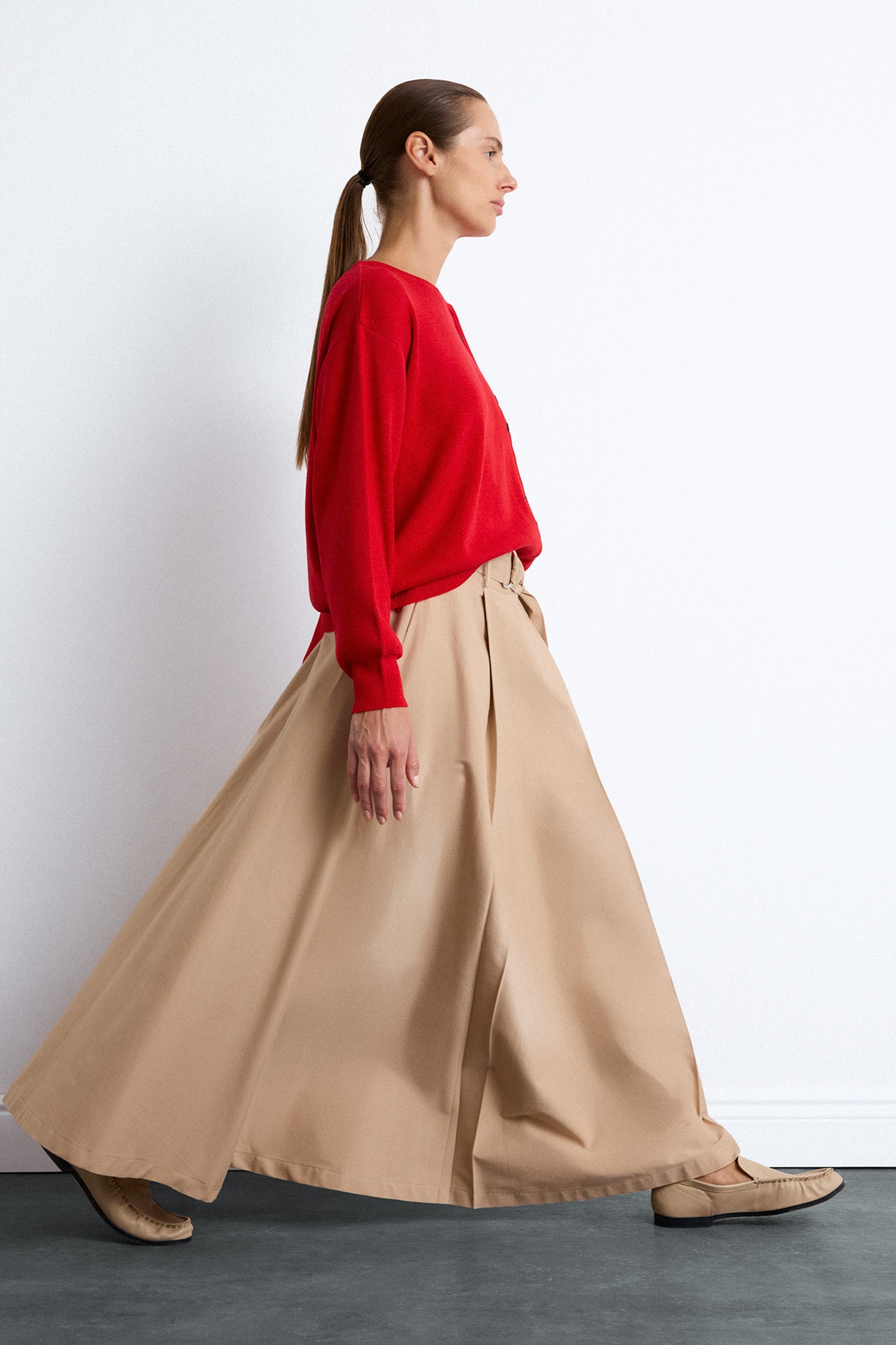 Belted Detail Pleated Regular Fit Twill Maxi Skirt