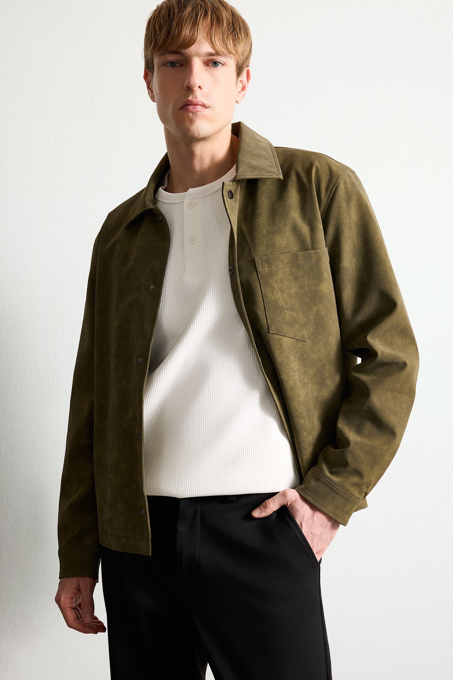 Regular Fit Lined Water-Repellent Suede-Look Polo Collar Buttoned Jacket